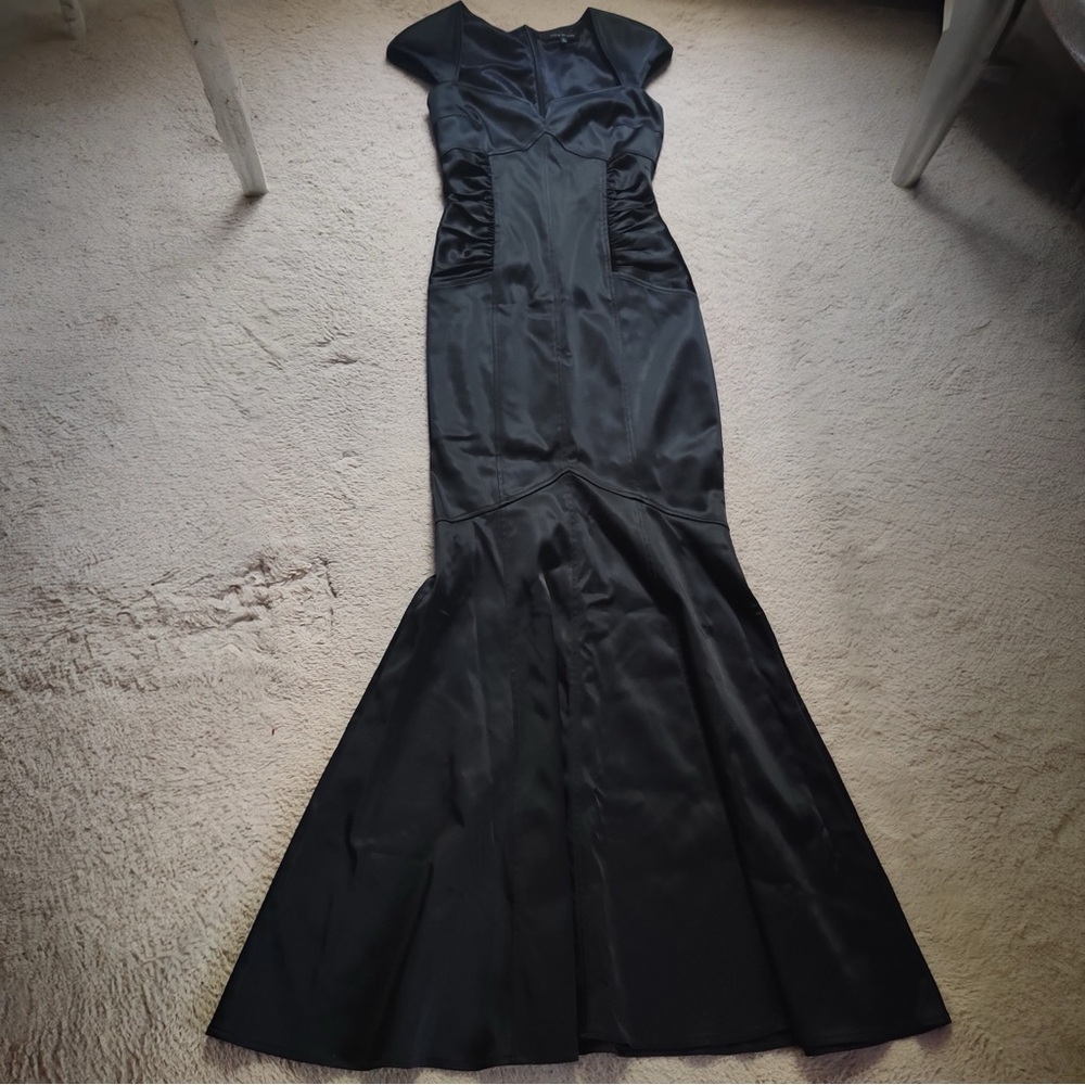 David Meister Black Cap Sleeve Mermaid Evening Gown Maxi Dress Ball Gown Satin